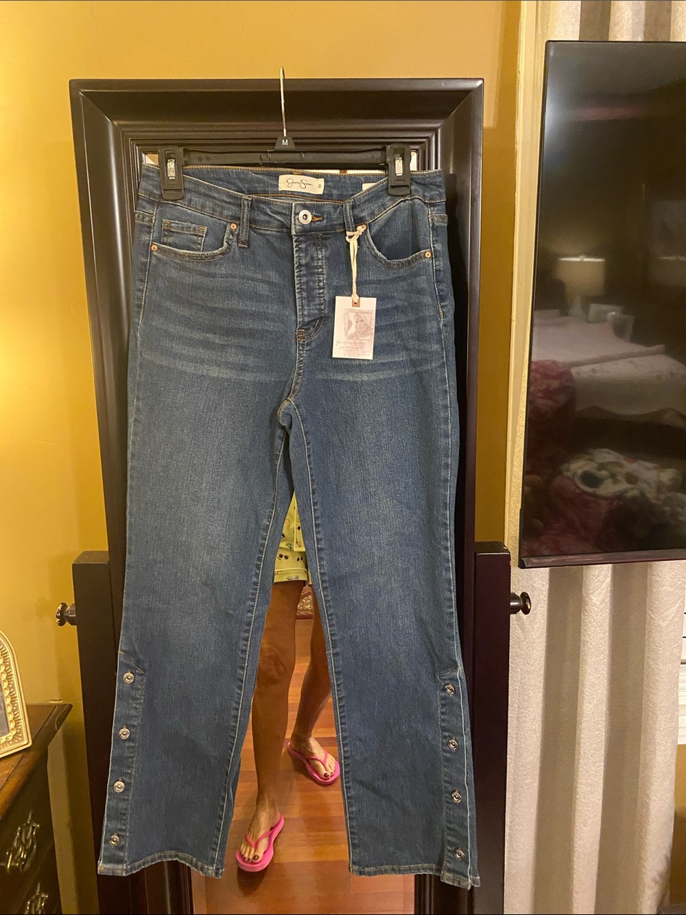 Jessica Simpson Medium Wash Straight Leg Jeans with Snap Side Hem flirt straight